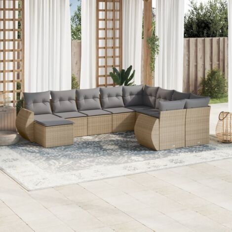 Ensemble Salon Jardin 10 Places Résine Tressée Beige avec Coussins Gris - Table Verre Trempé, Modulaire, 9 Sièges + 2 Angles + 2 Canapés (1/4)
