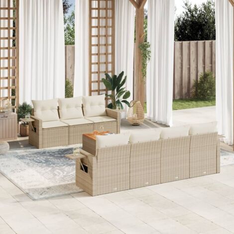 Ensemble Salon Jardin 8 Places Résine Tressée Beige avec Coussins, Tables d'Appoint et Espaces Rangement (1/3)