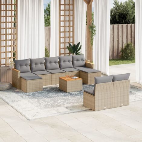 Ensemble Salon Jardin 10 Places Résine Tressée Beige avec Coussins Gris, Table Acacia et Espace Rangement Modulaire (1/3)