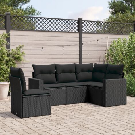 Salon de Jardin 5 Places en Résine Tressée Noir avec Coussins - Ensemble Modulaire Canapé d'Angle et Central pour Terrasse (1/3)