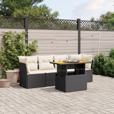 Ensemble Salon Jardin 5 Places Noir Résine Tressée avec Coussins Crème - Table Réglable Hauteur - Meuble Extérieur Modulaire (1/3)