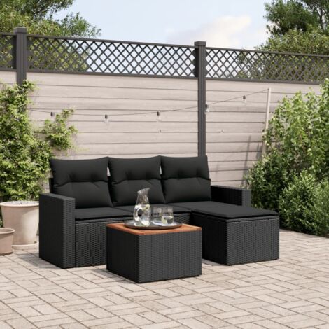 Ensemble Salon Jardin 5 Places Noir Résine Tressée avec Coussins et Table Acacia - Canapé d'Extérieur Modulaire (1/3)