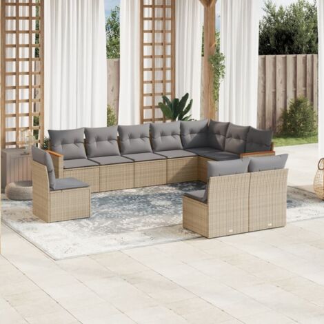 Ensemble Salon Jardin 10 Places Résine Tressée Beige avec Coussins Gris Modulaire Rangement (1/3)