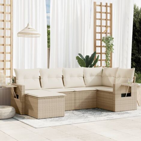 Ensemble Salon Jardin 6 Places Résine Tressée Beige avec Coussins Amovibles et Espace Rangement (1/3)