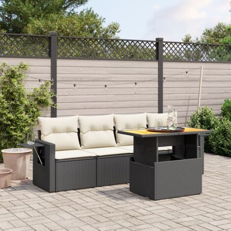 Ensemble Salon Jardin 5 Places Noir Résine Tressée avec Coussins Crème - Table Réglable et Modulaire (1/3)