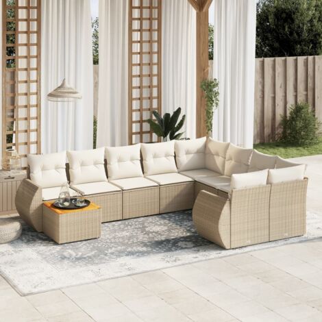 Ensemble Salon Jardin 10 Places Résine Tressée Beige avec Coussins Crème - Table Acacia, Modulaire et Rangement Intégré (1/3)