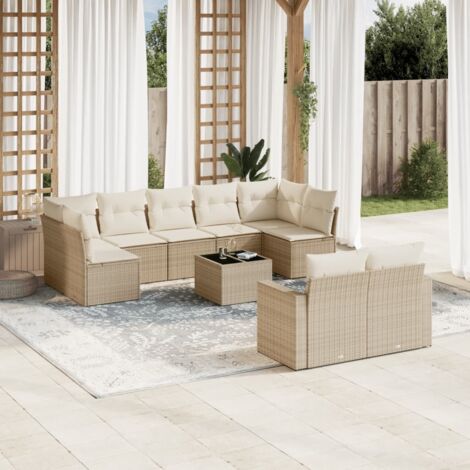Ensemble Salon Jardin 10 Places Résine Tressée Beige avec Coussins, Table Verre Trempé, Stockage Intégré (1/3)