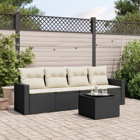 Ensemble Salon Jardin 5 Places Noir Résine Tressée avec Coussins Crème - 2 Sièges d'Angle + 2 Centraux + Table Verre Trempé - Mobilier Extérieur Modulaire (1/3)