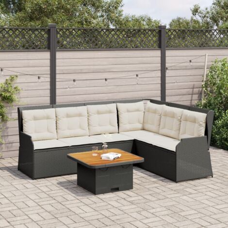 Ensemble Salon Jardin 5 Places Noir Résine Tressée avec Coussins - Bancs Inclinables, Table Acacia, Housses Lavables (1/4)