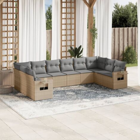 Ensemble Salon Jardin 10 Places Résine Tressée Beige avec Coussins Gris - Mobilier Extérieur Modulaire (1/4)