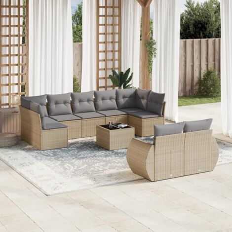 Ensemble Salon Jardin 10 Places Résine Tressée Beige avec Coussins Gris - Table Verre Trempé, Stockage Intégré, Modulaire (1/3)