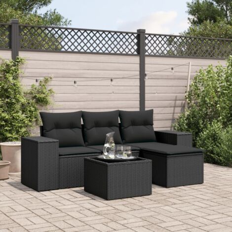 Ensemble Salon Jardin 5 Places Noir Résine Tressée avec Coussins et Table Verre Trempé - Meuble Extérieur Modulaire (1/4)