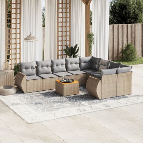 Ensemble Salon Jardin 10 Places Résine Tressée Beige avec Coussins Gris - Meuble Extérieur Modulaire avec Table Acacia et Rangement (1/3)