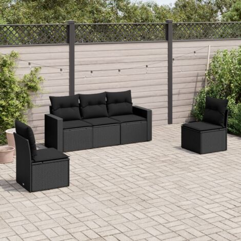 Ensemble Salon Jardin 5 Places Noir Résine Tressée avec Coussins et Rangement Modulaire (1/3)