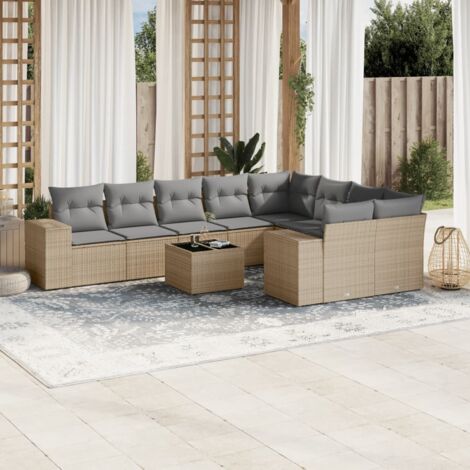 Ensemble Salon Jardin 10 Places Résine Tressée Beige - Canapés Modulaires avec Coussins Gris, Table Verre Trempé (1/4)