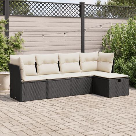 Ensemble Salon Jardin 5 Places Noir Résine Tressée avec Coussins Crème - Canapé d'Angle Modulaire avec Rangement Intégré (1/4)