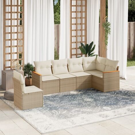 Ensemble Salon Jardin 6 Places Résine Tressée Beige avec Coussins Détachables et Rangement Intégré (1/3)