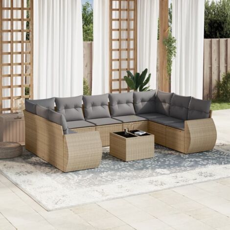 Ensemble Salon Jardin 10 Places Résine Tressée Beige avec Coussins Gris - Table Verre Trempé, Modulaire et Lavable (1/4)
