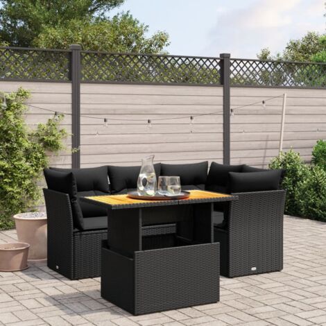 Ensemble Salon Jardin 5 Places Noir Résine Tressée - Canapé d'Angle Modulable avec Table Acacia et Coussins Lavables (1/3)