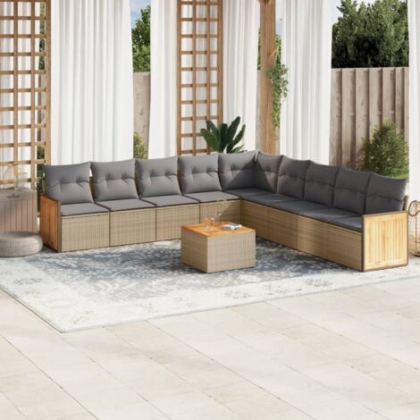 Ensemble de Jardin 10 Places en Résine Tressée Beige avec Coussins Gris, Table Acacia, Modulaire, Rangement Intégré (1/3)