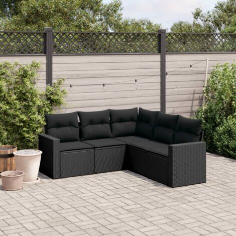 Ensemble Salon Jardin 5 Places Noir Résine Tressée avec Coussins - Meuble Extérieur Modulaire avec Rangement (1/3)