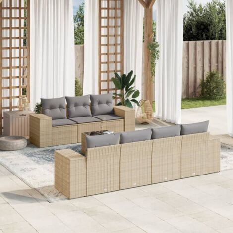 Ensemble Salon Jardin 8 Places Résine Tressée Beige avec Coussins Gris - Table Verre Trempé 55x55cm - Mobilier Extérieur Modulaire (1/5)