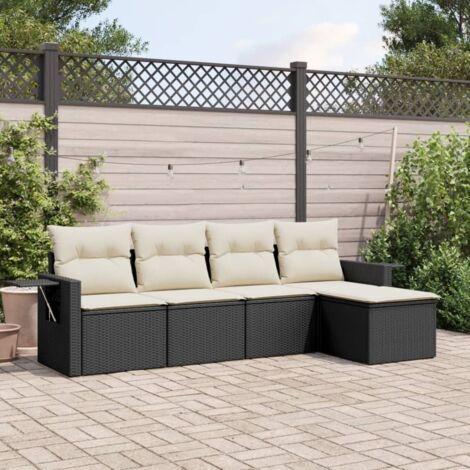 Ensemble Salon Jardin 5 Places Noir Résine Tressée avec Coussins Crème - Canapé Modulaire Rangement Intégré (1/3)