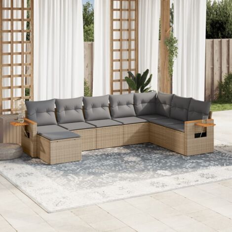 Ensemble de jardin 8 places en résine tressée beige avec coussins gris - Salon modulaire avec table d'appoint (1/5)