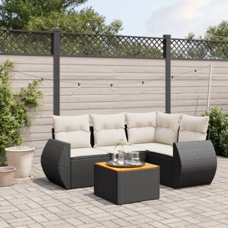 Ensemble Salon Jardin 5 Places Résine Tressée Noir avec Coussins Crème - Table Acacia, Modulaire Confortable et Durable (1/4)