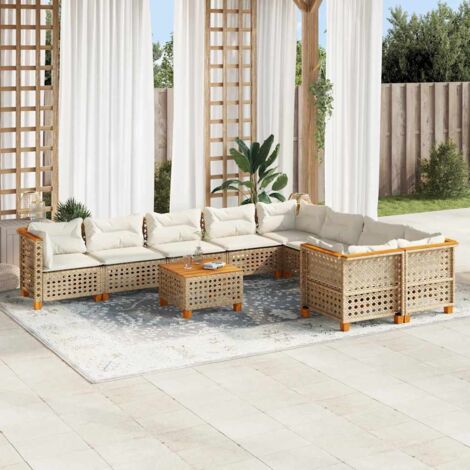 Ensemble Salon Jardin 10 Places Résine Tressée Beige avec Coussins Amovibles et Table Acacia Modulaire (1/4)