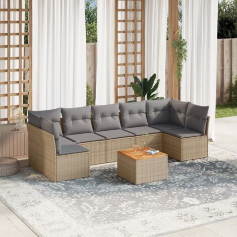 Salon de Jardin 8 Places en Résine Tressée Beige - Ensemble Modulaire avec Table Acacia et Coussins Gris Lavables (1/3)