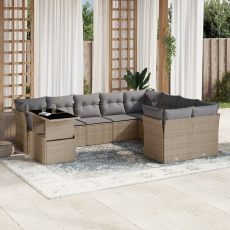 Ensemble Salon Jardin 10 Places Résine Tressée Beige avec Coussins Gris - Table Réglable et Mobilier Modulaire Extérieur (1/4)