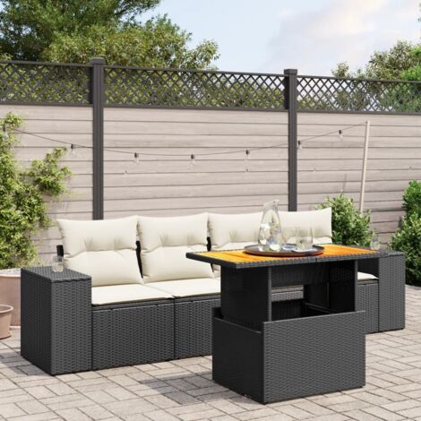 Ensemble Salon Jardin 5 Places Noir Résine Tressée avec Coussins Crème - Table Réglable Hauteur 44/73 cm - 2 Canapés Accoudoirs + 2 Sièges Centraux (1/3)