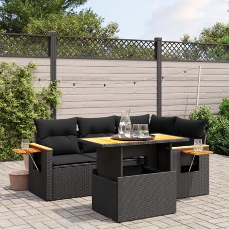 Ensemble Salon Jardin 5 Places Résine Tressée Noir avec Coussins - Table Réglable et Accoudoirs Acacia - Mobilier Extérieur Modulaire Durable (1/3)