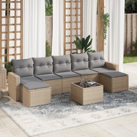 Salon de Jardin 8 Places en Résine Tressée Beige avec Coussins Gris - Table Verre Trempé - Modulaire avec Rangement (1/3)