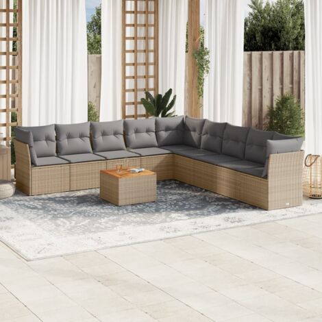 Ensemble Salon Jardin 10 Places Résine Tressée Beige avec Coussins Gris - Table Acacia et Mobilier Modulaire Extérieur (1/3)