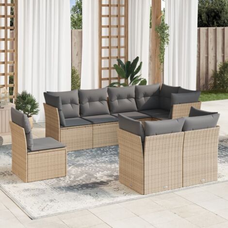 Salon de Jardin 8 Places en Résine Tressée Beige avec Coussins Gris - Ensemble Modulaire Canapé d'Extérieur (1/3)