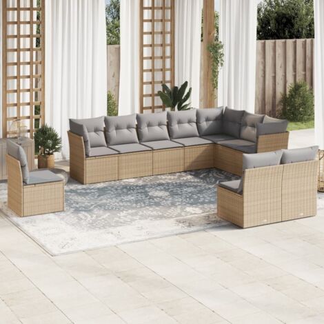 Ensemble Salon Jardin 10 Places Résine Tressée Beige avec Coussins Gris - Stockage Intégré et Design Modulaire (1/3)
