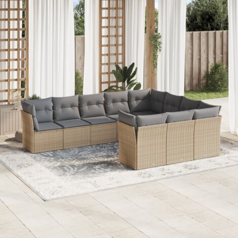 Ensemble Salon Jardin 10 Places Résine Tressée Beige avec Coussins Gris Modulable Rangement Intégré (1/3)