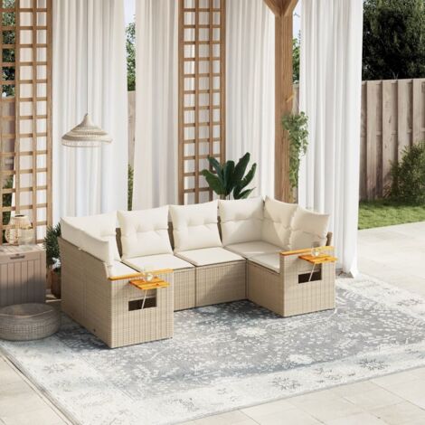 Canapé d'angle jardin 6 places résine tressée beige avec coussins et rangement intégré (1/3)
