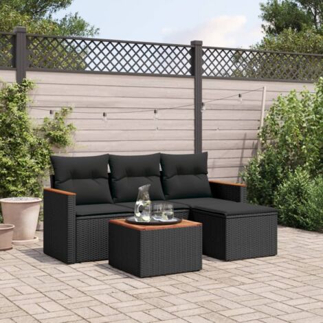 Ensemble Salon Jardin 5 Places Noir Résine Tressée avec Coussins - Table Acacia et Espace Rangement (1/3)
