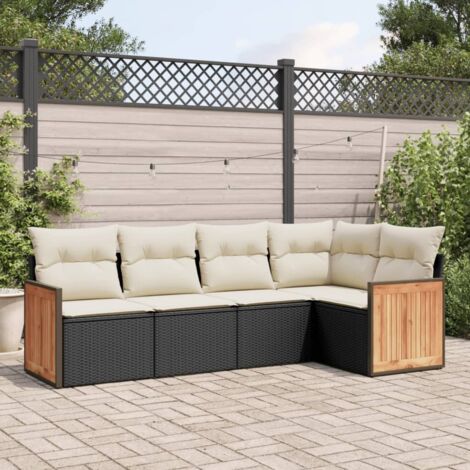 Ensemble Salon Jardin 5 Places Noir Résine Tressée avec Coussins Crème - Meuble Extérieur Modulaire (1/4)
