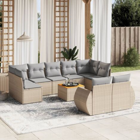 Ensemble Salon Jardin 10 Places Résine Tressée Beige avec Coussins Gris - Table Acacia, Modulaire (1/4)