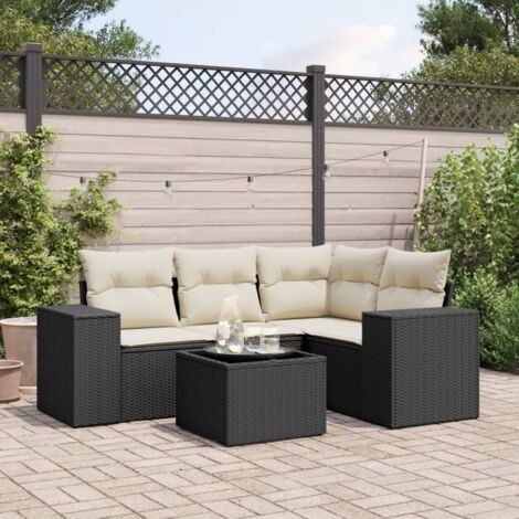 Ensemble Salon Jardin 5 Places Noir Résine Tressée avec Coussins Crème et Table Verre Trempé - Stockage Intégré (1/3)