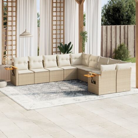 Ensemble Salon Jardin 10 Places Résine Tressée Beige avec Coussins Amovibles - Structure Acier et Table d'Appoint (1/4)