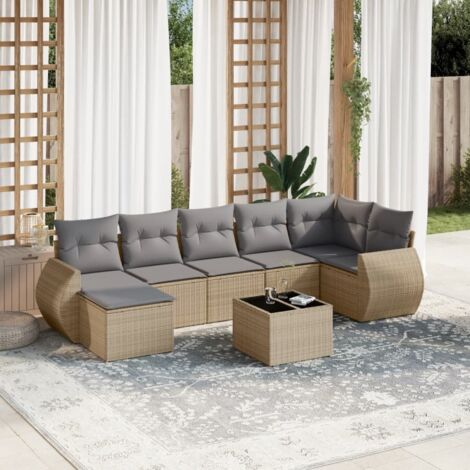 Salon de Jardin 8 Places en Résine Tressée Beige avec Table Verre Trempé et Coussins Gris Amovibles (1/5)