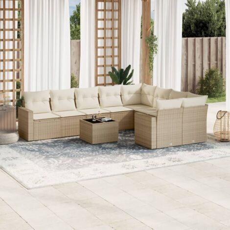 Ensemble Salon Jardin 10 Places Résine Tressée Beige avec Coussins Crème - Meubles Extérieur Modulaires avec Table Verre et Rangement (1/3)