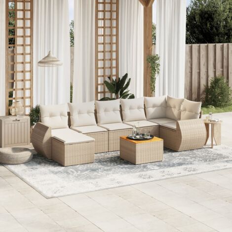 Ensemble de jardin 8 places en résine tressée beige avec table acacia et rangements intégrés - Salon extérieur modulaire avec coussins crème (1/3)