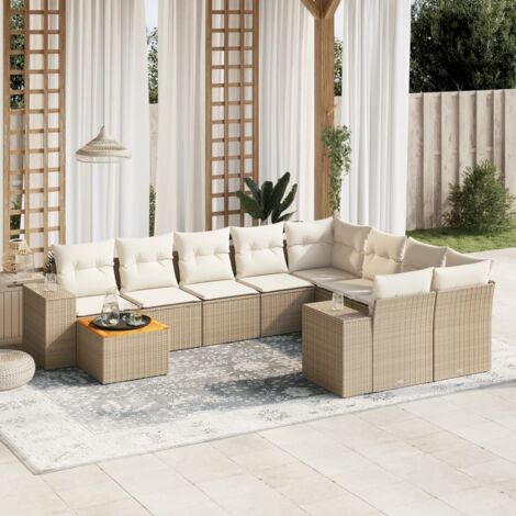 Ensemble Salon Jardin 10 Places Résine Tressée Beige avec Coussins, Table Acacia, Modulaire, Rangement (1/3)