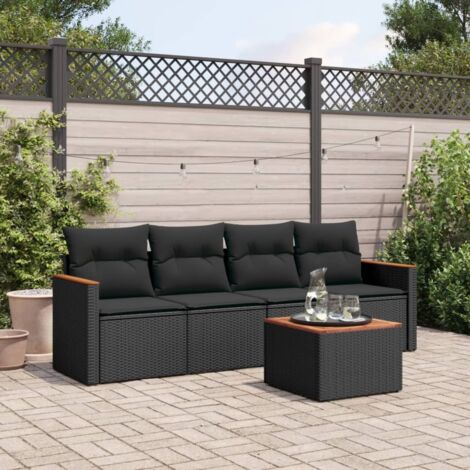Ensemble Salon Jardin 5 Places Noir Résine Tressée avec Table Acacia et Coussins Amovibles - Stockage Intégré (1/3)